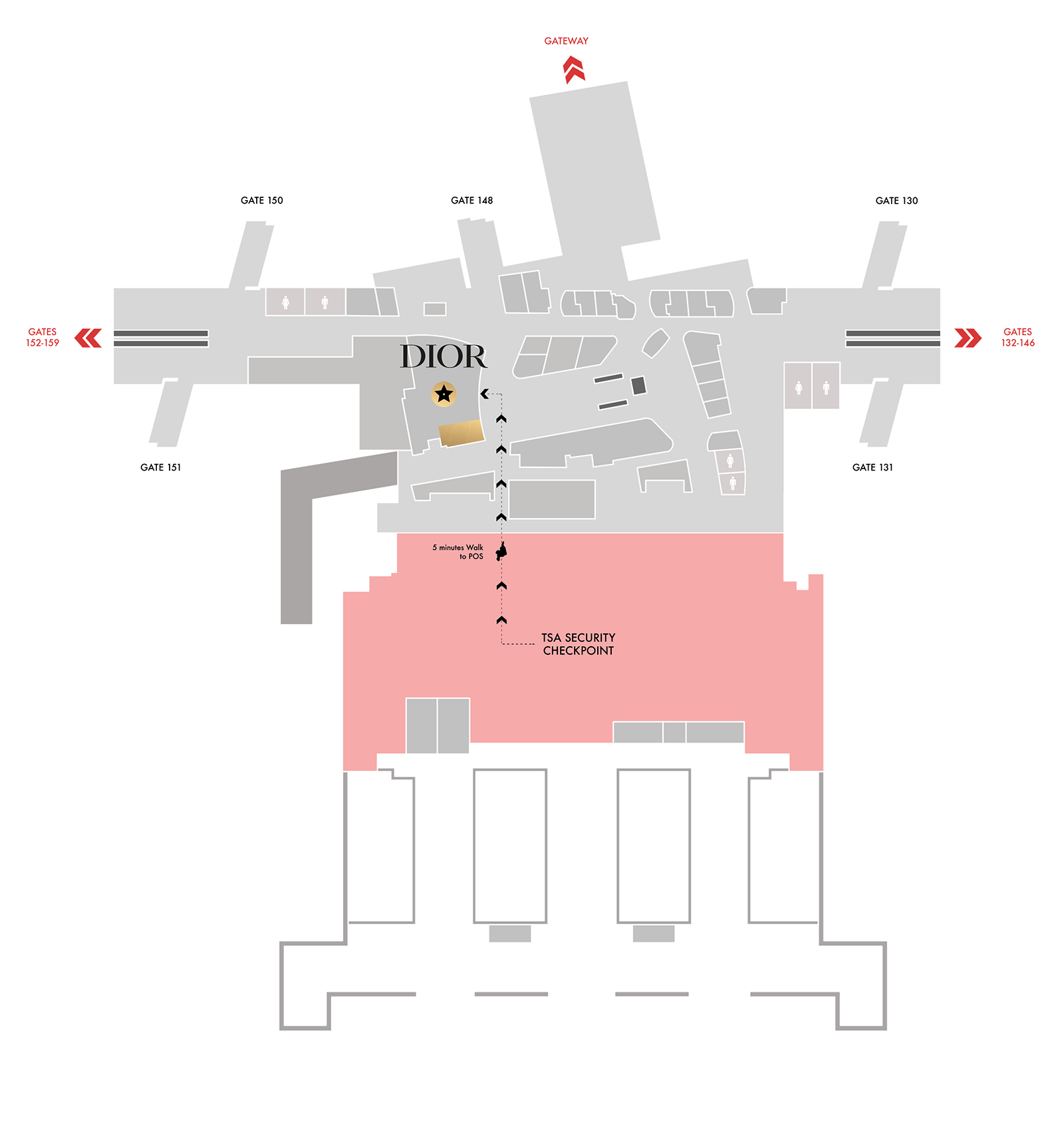 Map of LAX Tom Bradley International Terminal. The Dior boutique is near Gate 150, about a five-minute walk straight ahead after the TSA security checkpoint.